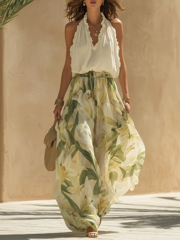 Bobbie | Chiffon Ruffle Top & Lily Print Pants Set