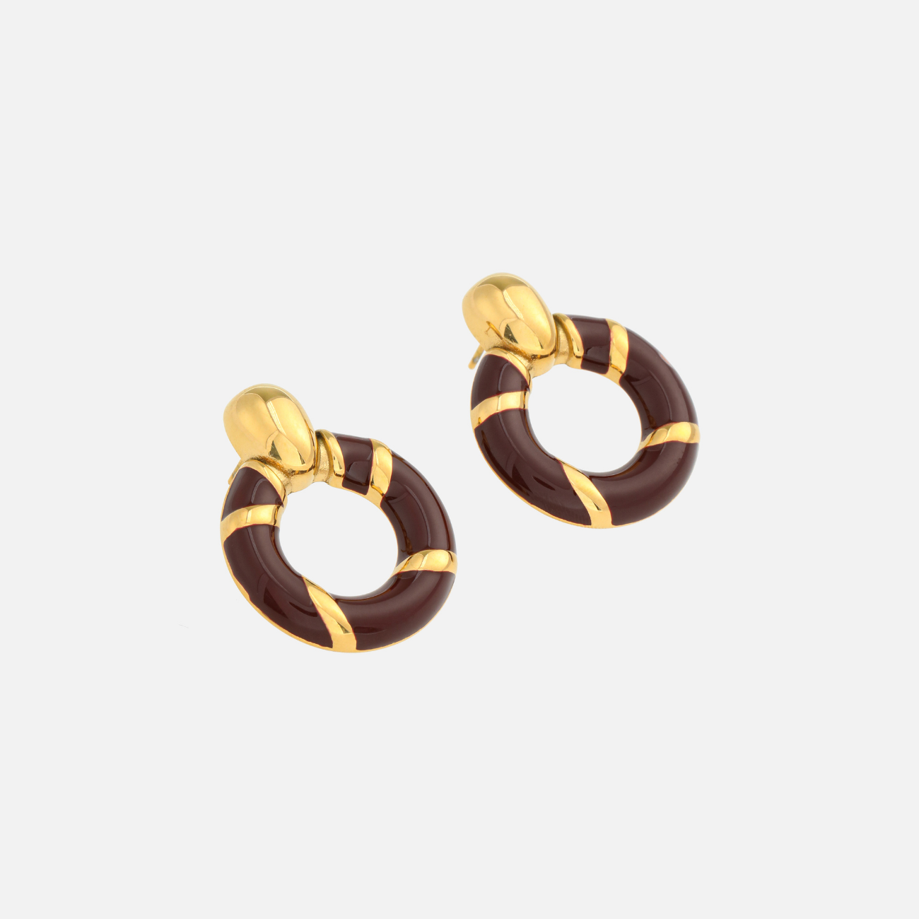 Ria | Gold-Toned Brown Enamel Hoop Earrings