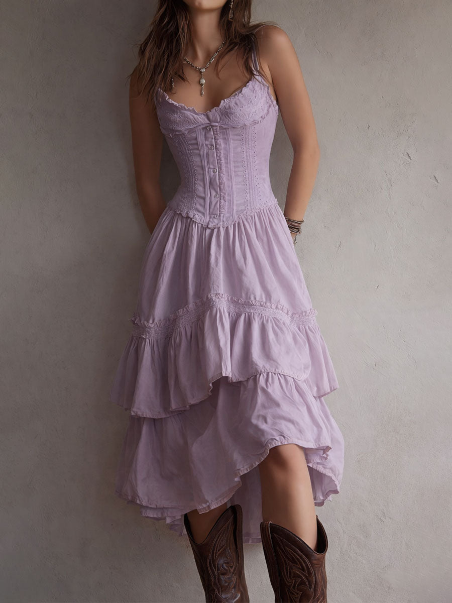 Demelza | Retro Boho Corset Tiered Midi Dress