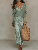 Persis | Ivory Knit & Satin Midi Ensemble