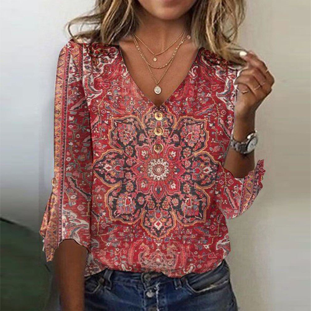 Ulrike | Red Print 3/4 Sleeve V-Neck Top