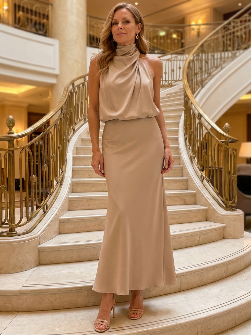 Prudence | Sleeveless Draped Neck Midi Dress