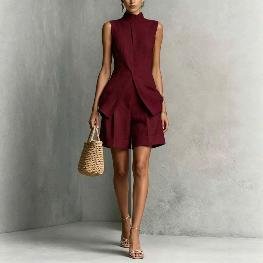 Rio | Linen-Blend High-Neck Shirt & Shorts Set