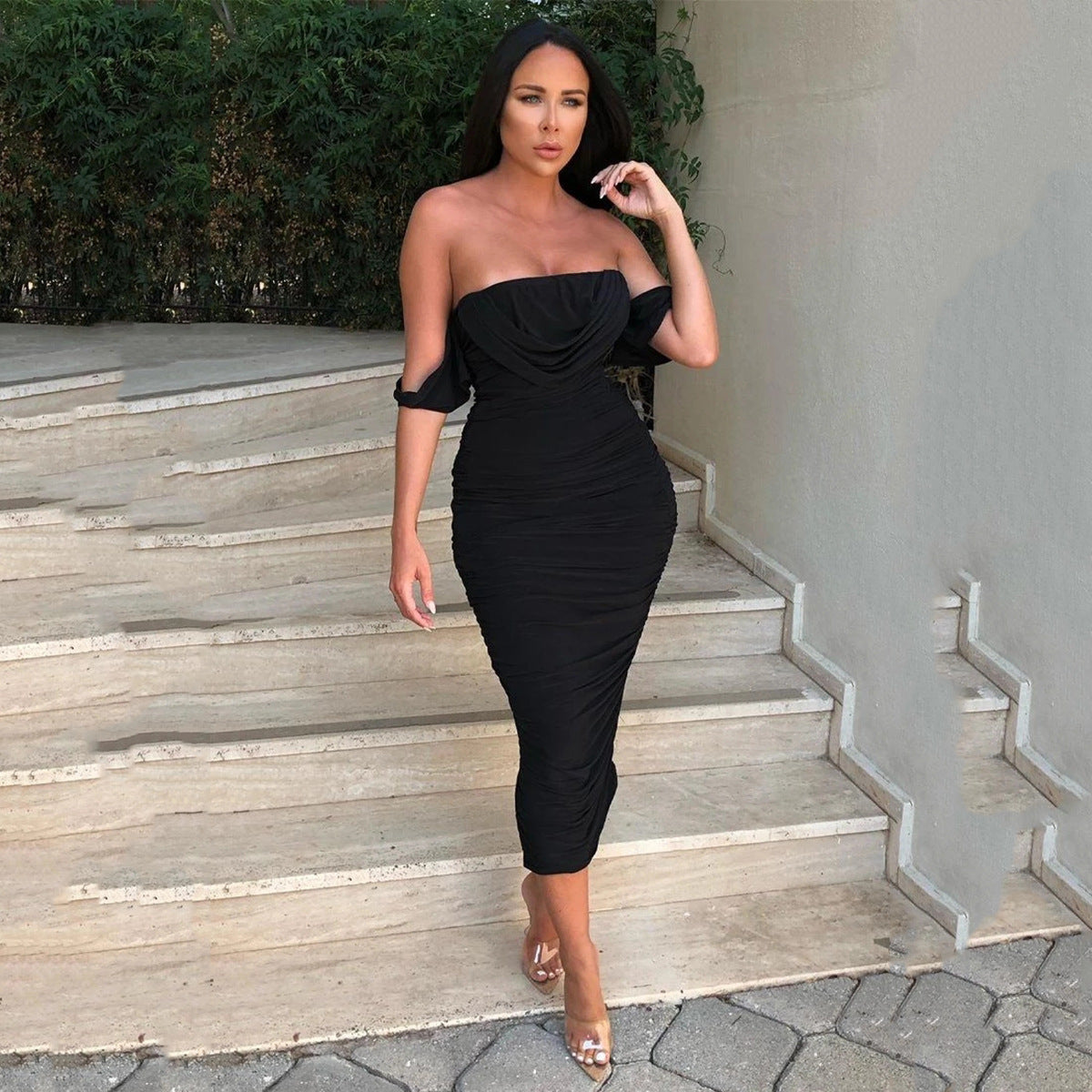 Valentina | Off-Shoulder Ruched Bodycon Midi Dress