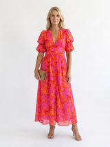 Lowri | Floral V-Neck Puff-Sleeve Midi Dress