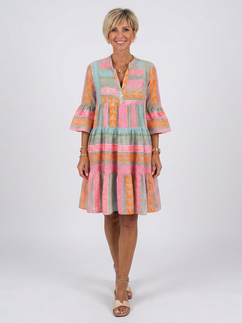 Nuala | Geometric Print V-Neck Tiered Midi Dress