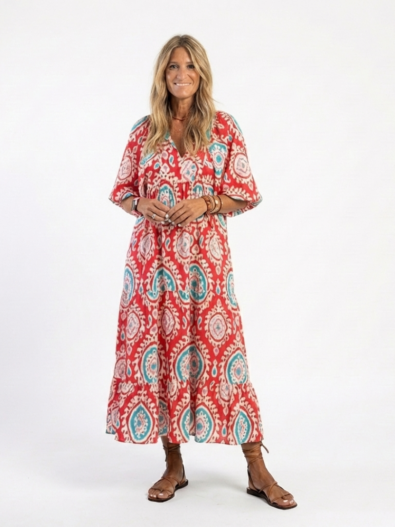 Zakia | Paisley-Print V-Neck Short-Sleeve Midi Dress