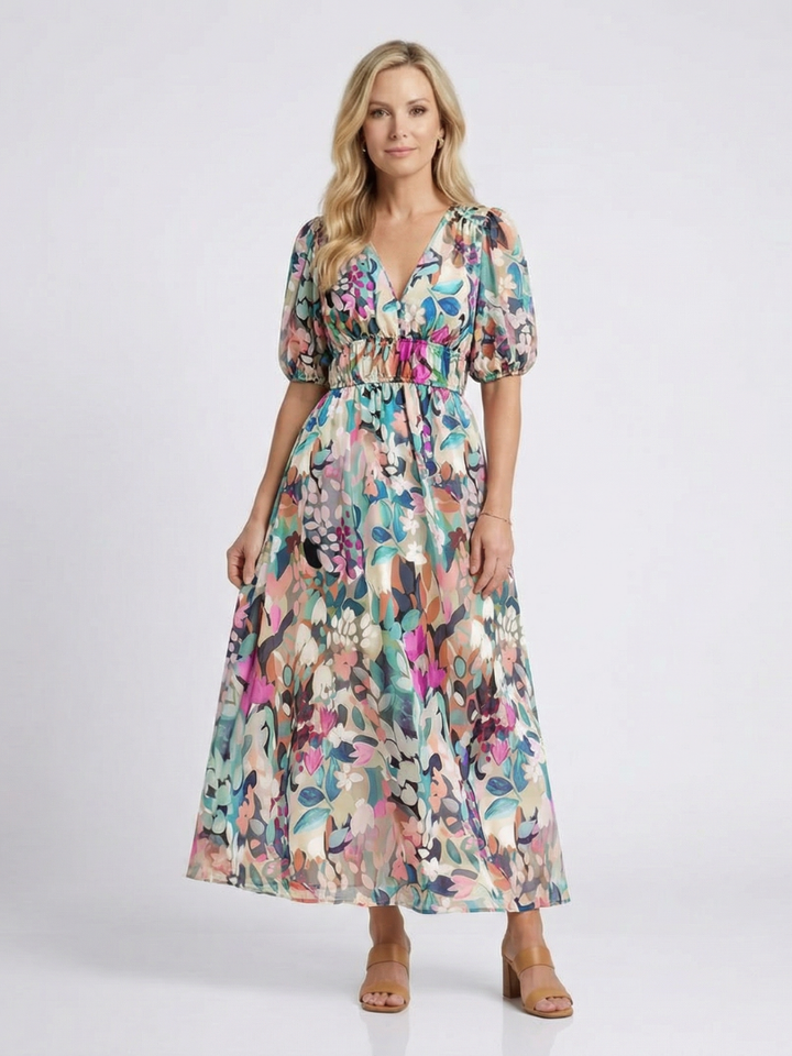 Aya | V-Neck Short Sleeve Ruched Waist Midi Dress