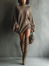 Meagan | Brown Chunky-Knit Sweater Dress