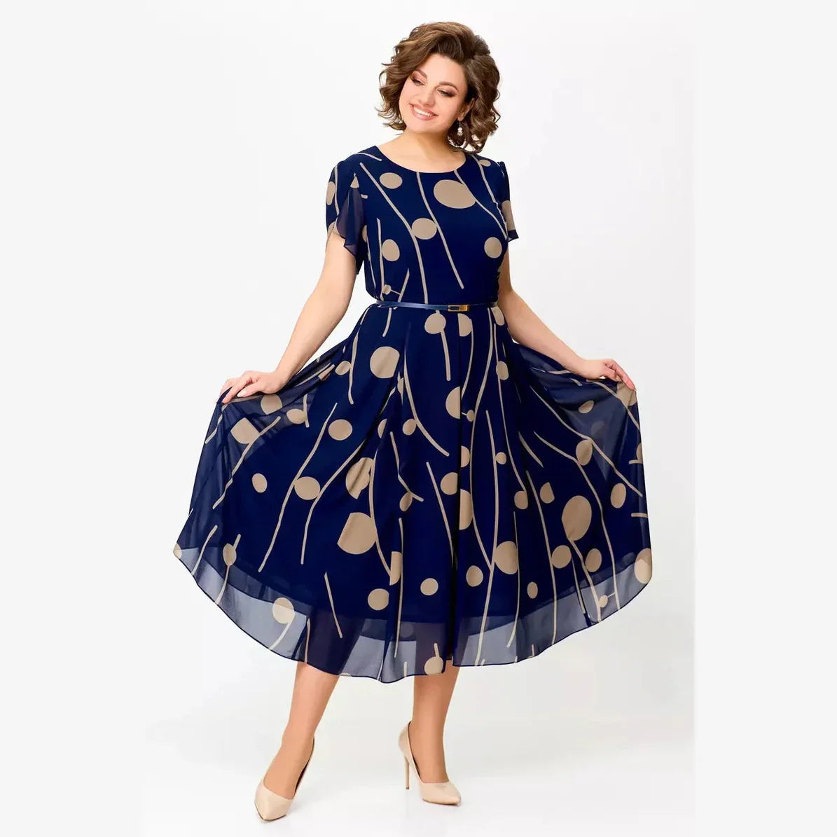 Vesta | Navy Polka Dot Chiffon Midi Dress