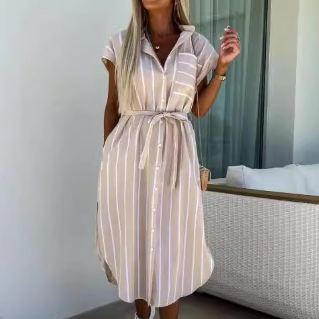 Céleste | Striped Belted Sleeveless Midi Dress