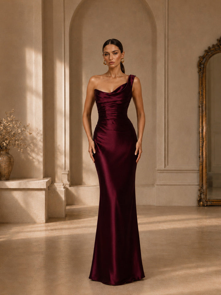 Marni | Ruched Satin One-Shoulder Maxi Dress