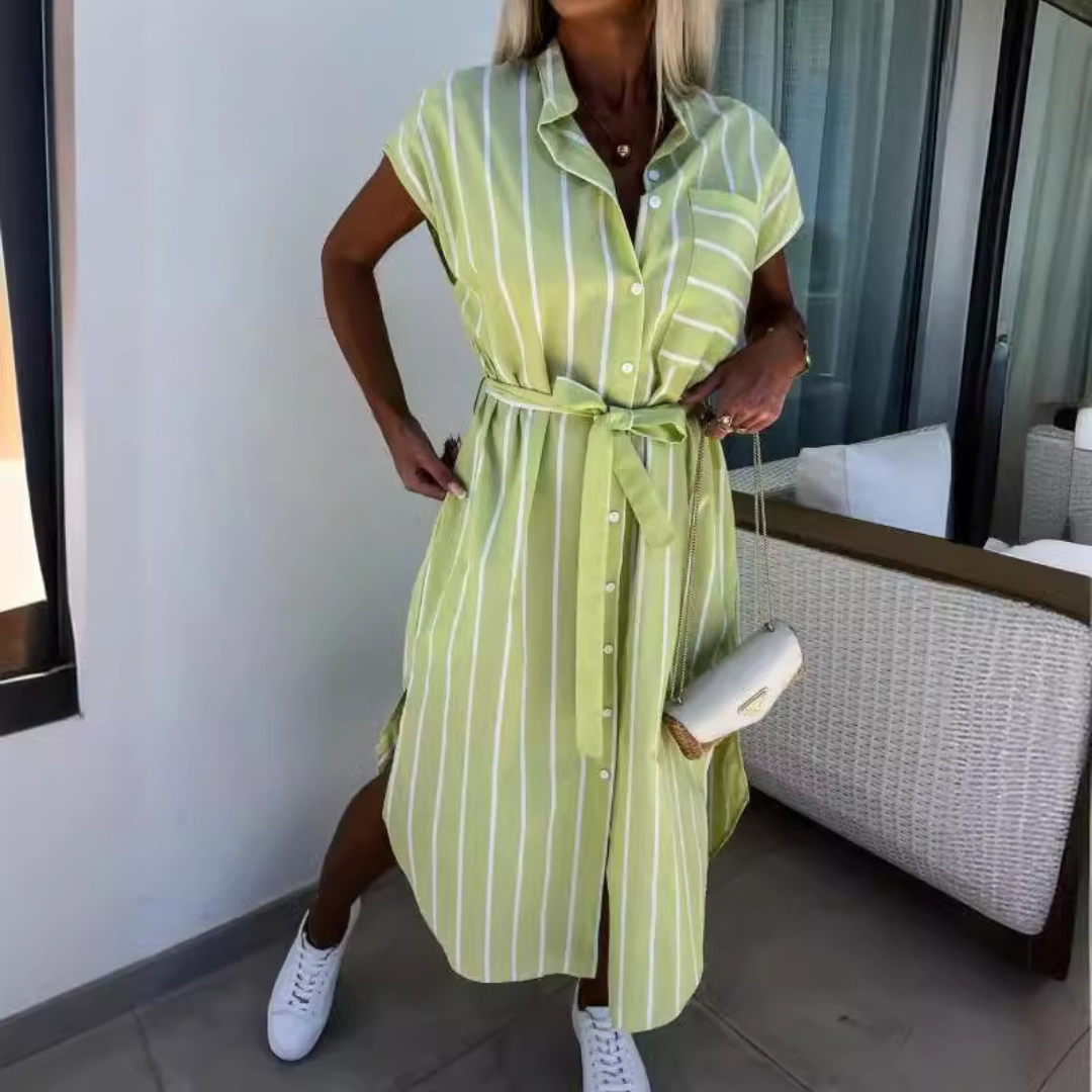 Céleste | Striped Belted Sleeveless Midi Dress