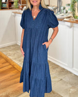 Gwendoline | Puff Sleeve Denim V-Neck Dress