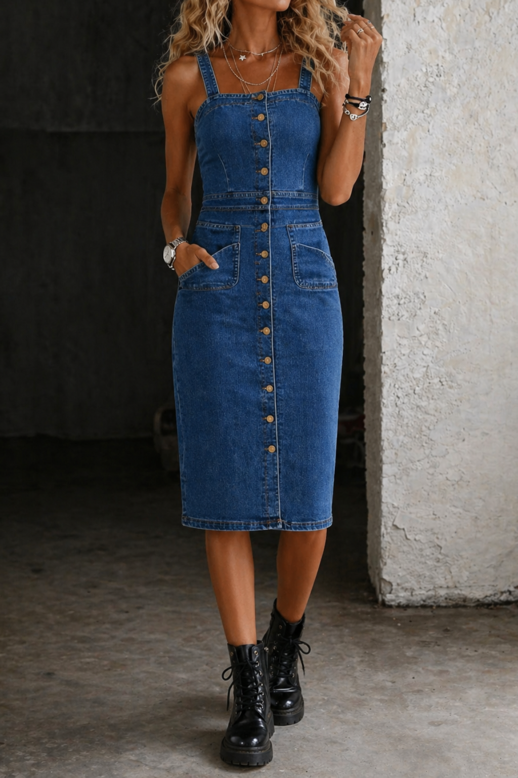 Yadira | Button-Front Denim Midi Dress