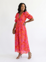 Lowri | Floral V-Neck Puff-Sleeve Midi Dress