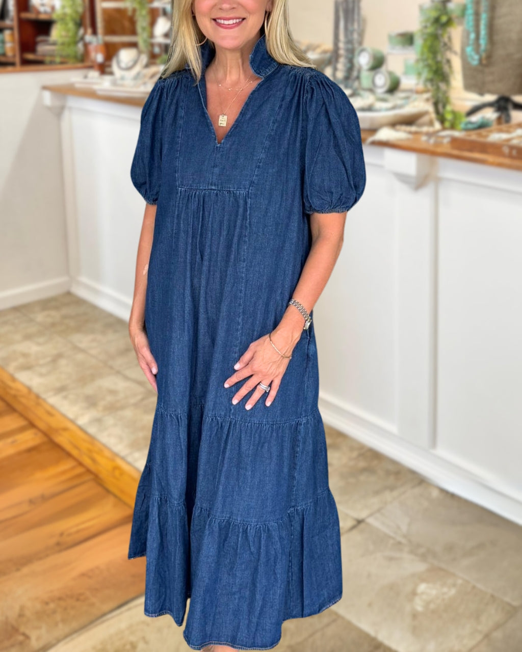 Gwendoline | Puff Sleeve Denim V-Neck Dress