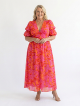 Lowri | Floral V-Neck Puff-Sleeve Midi Dress