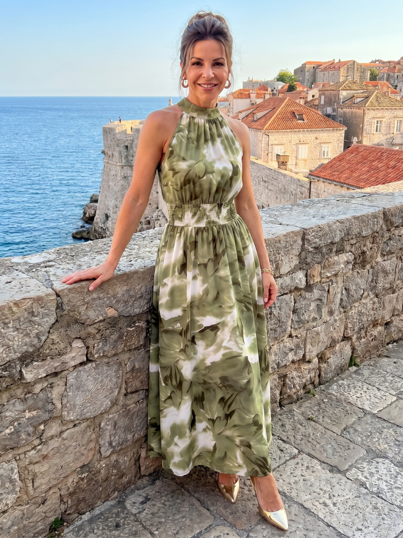 Iolanthe | Gathered Waist Abstract Print Midi Dress