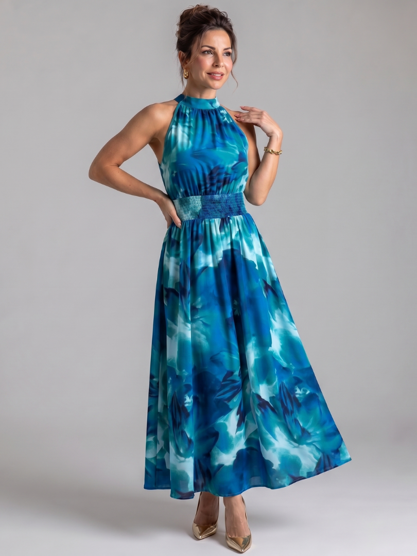 Iolanthe | Gathered Waist Abstract Print Midi Dress