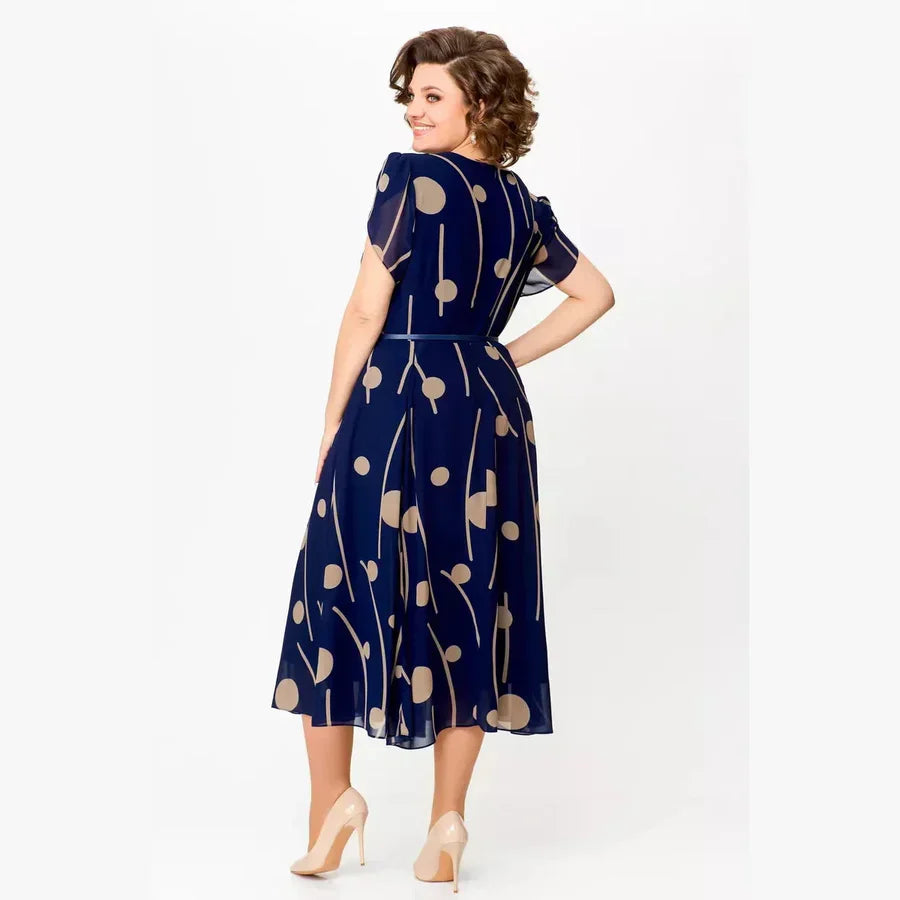 Vesta | Navy Polka Dot Chiffon Midi Dress