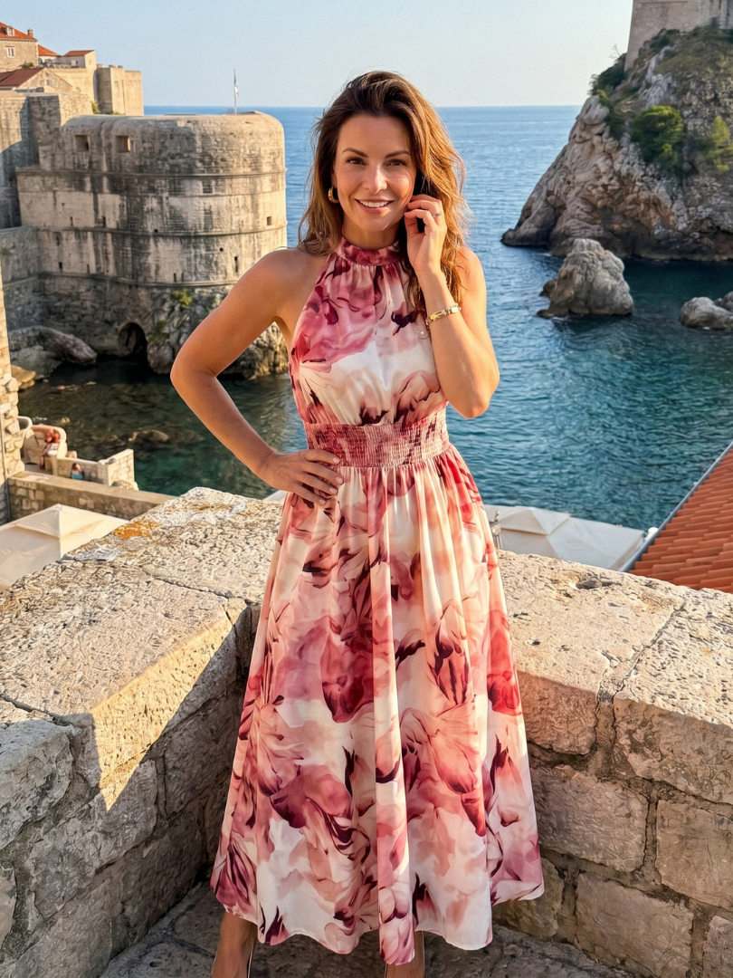 Iolanthe | Gathered Waist Abstract Print Midi Dress
