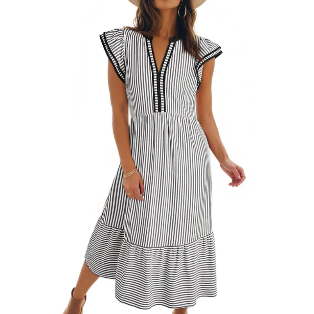 Céleste | Striped Ruffle Cap Sleeve Midi Dress