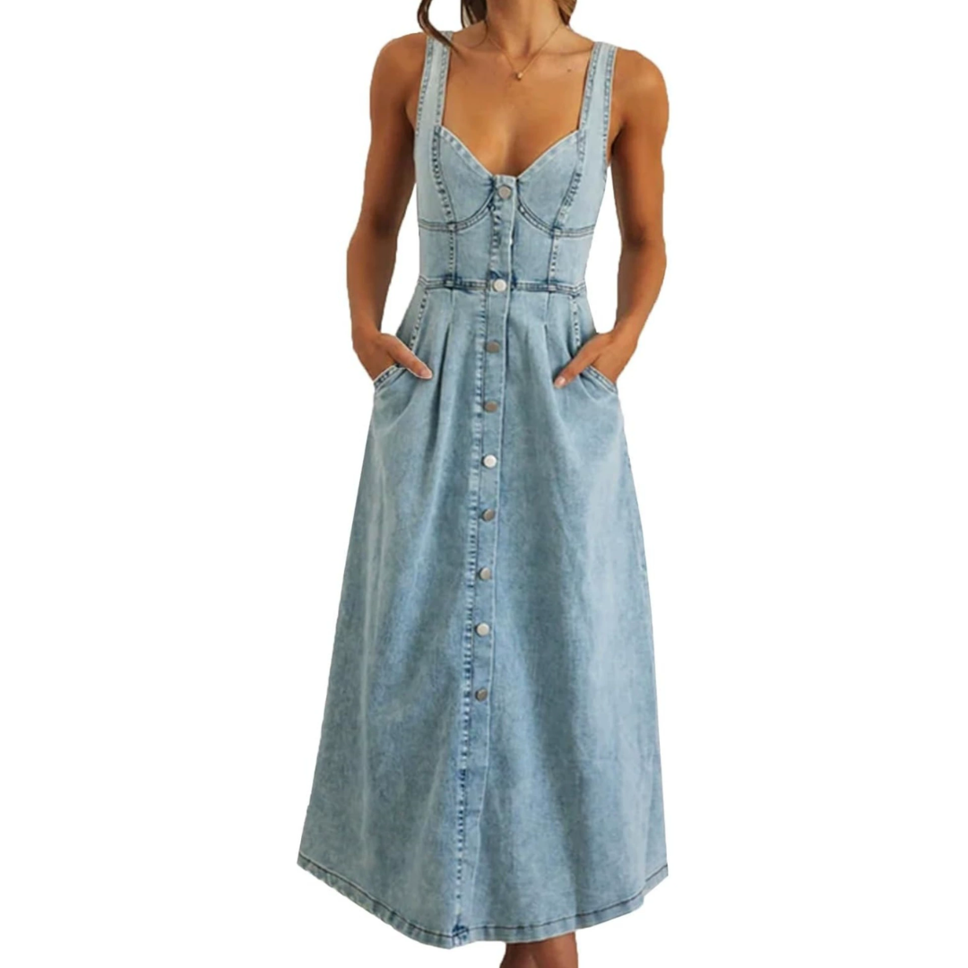 Camille | Distressed Denim Sleeveless Midi Dress