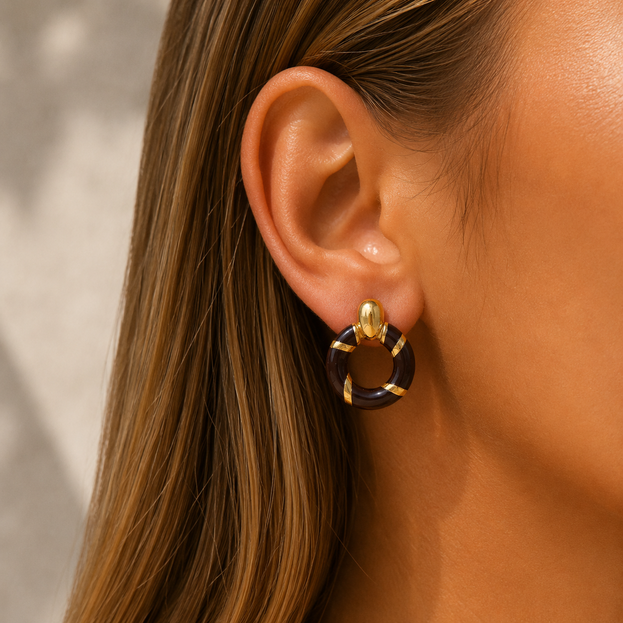 Ria | Gold-Toned Brown Enamel Hoop Earrings