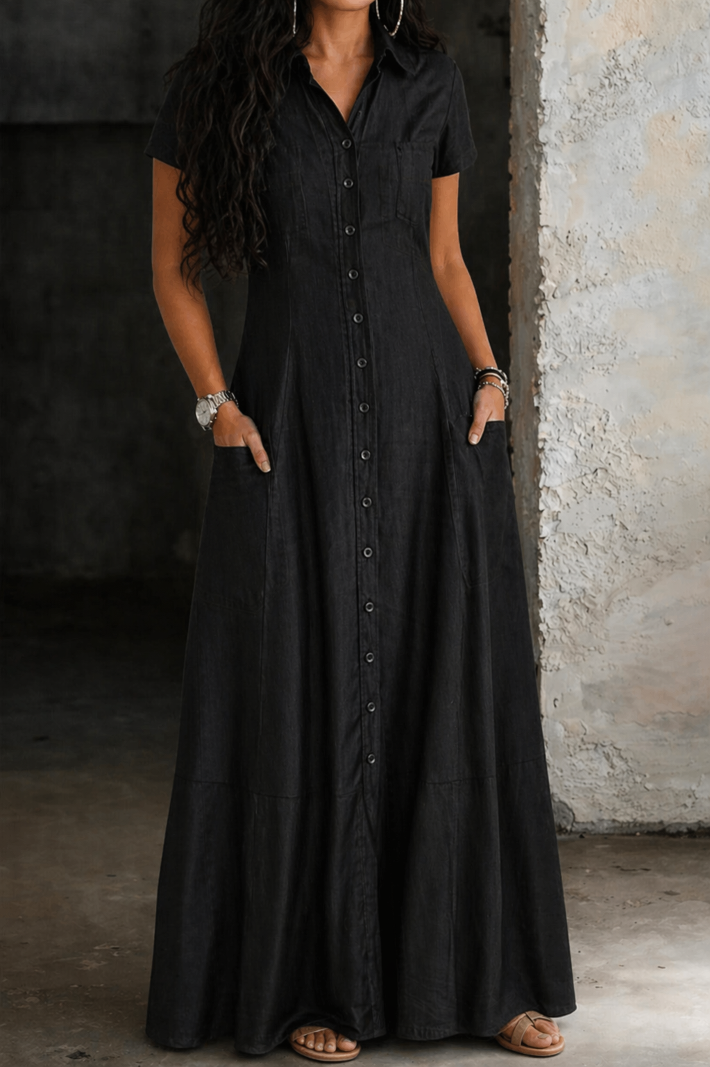 Ethel | Flowing Long Denim Shirt Dress