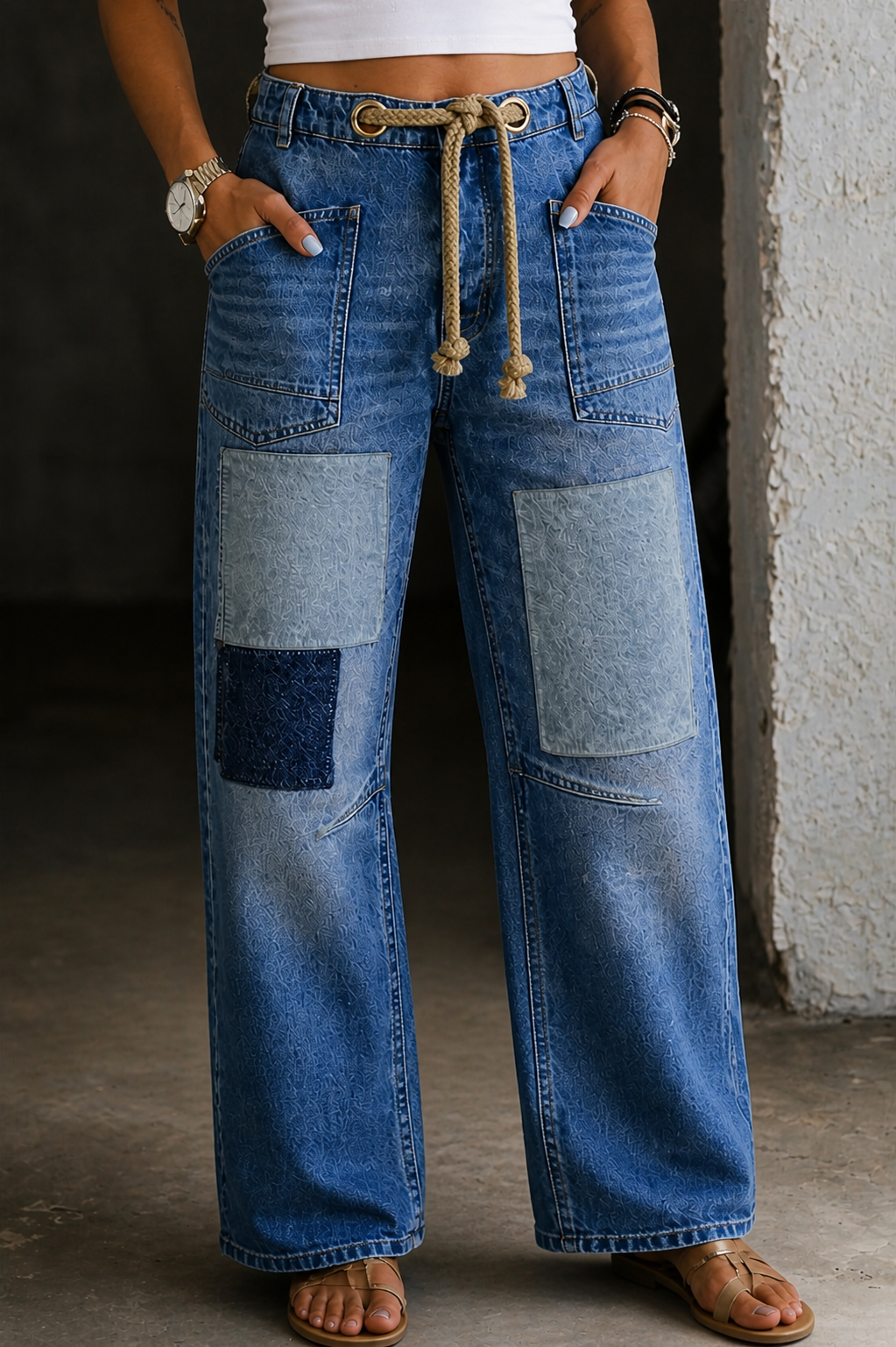 Anita | Patchwork Drawstring Relaxed Jeans