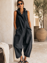 Rebecca | Utility Cotton-Blend Stand Collar Sleeveless Cropped Jumpsuit