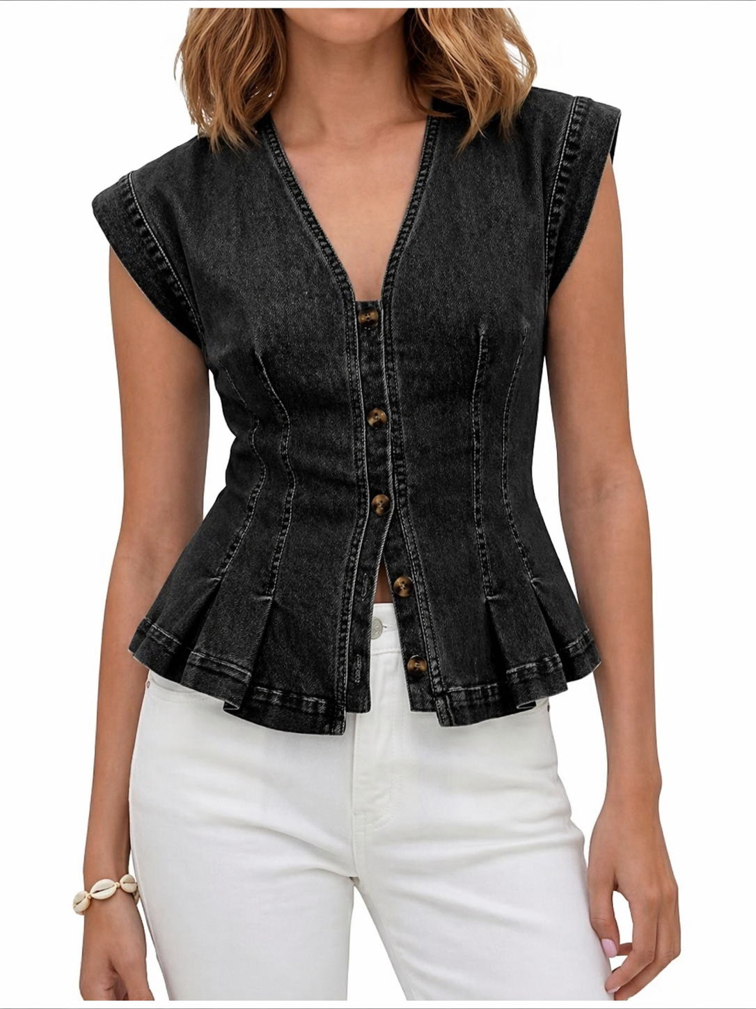 True | Sleeveless V-Neck Denim Top