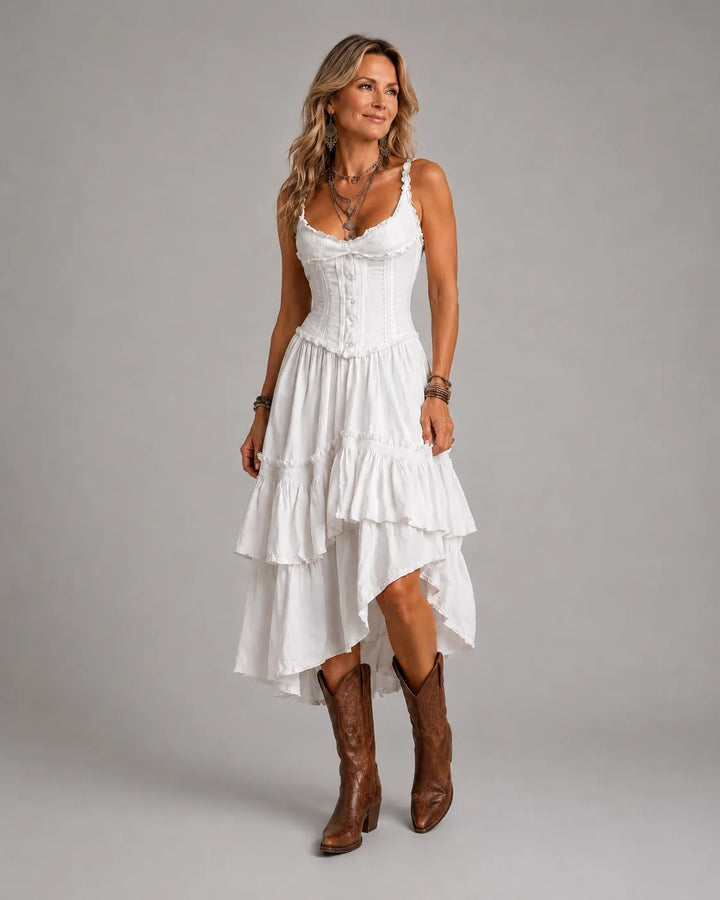 Demelza | Retro Boho Corset Tiered Midi Dress