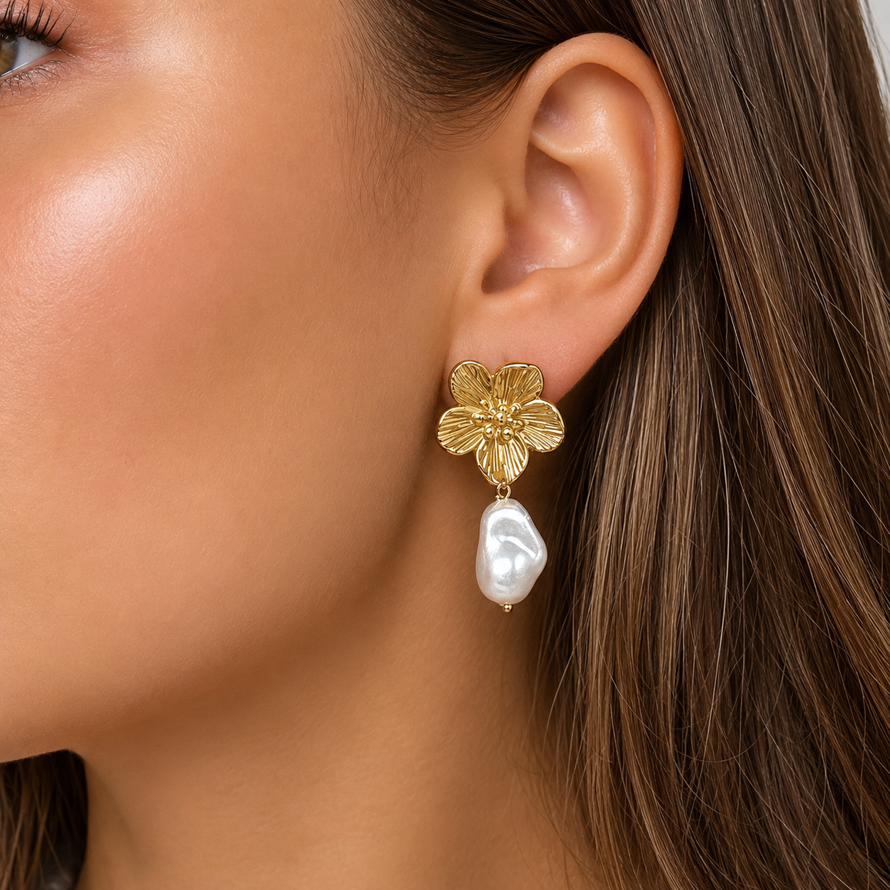Willow | Gold Floral Pearl Earrings