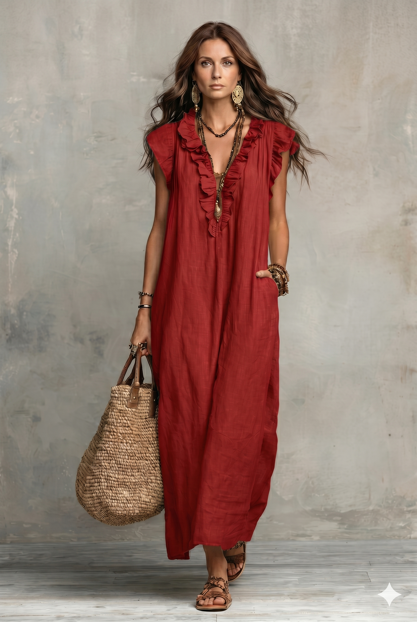 Raylee | Ruffled Cotton Linen Midi Dress