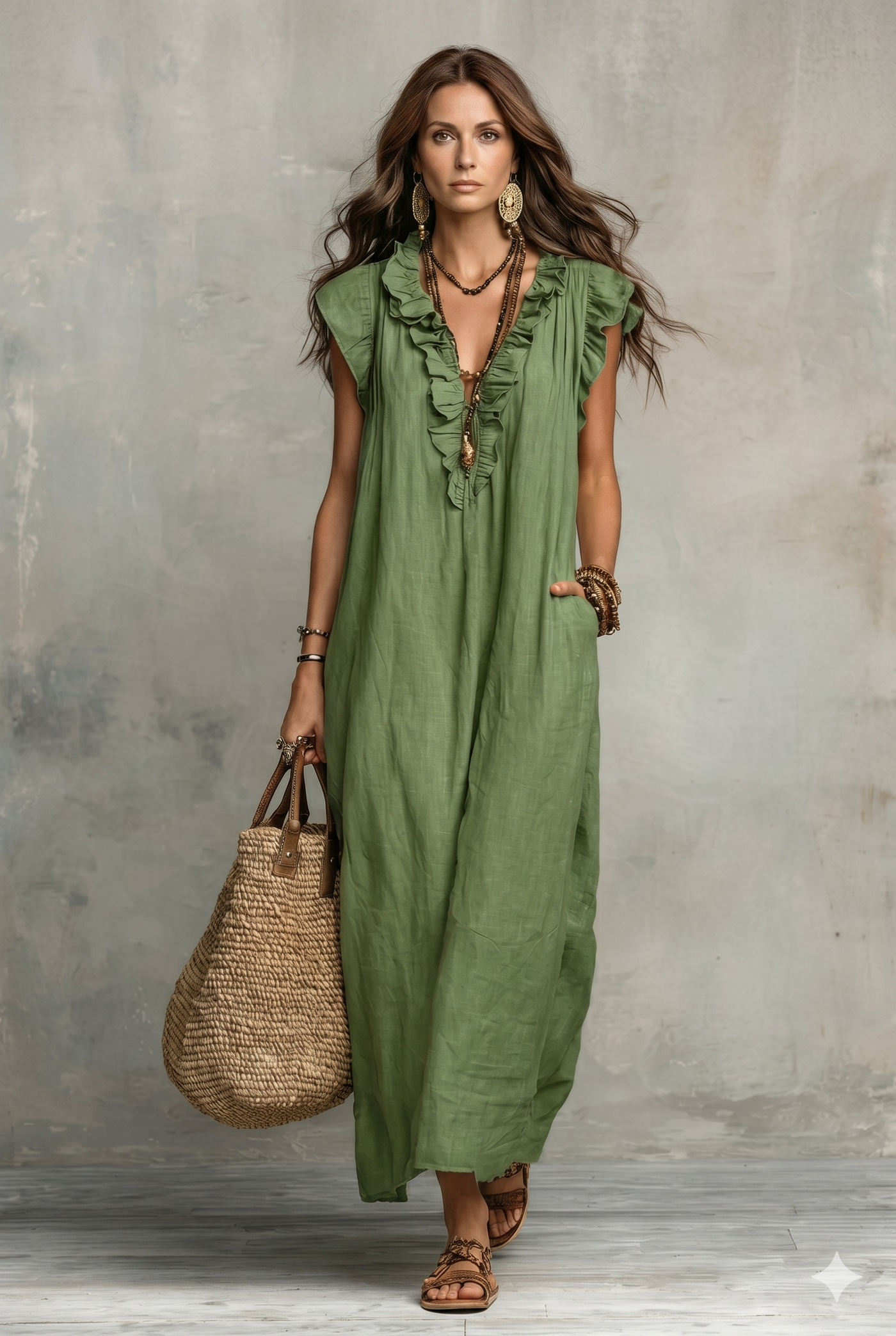 Raylee | Ruffled Cotton Linen Midi Dress
