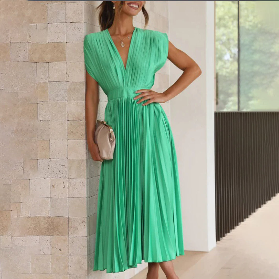 Céleste | Pleated V-Neck Elegant Dress