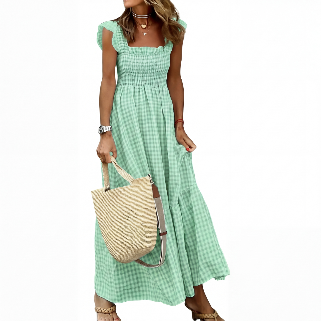 Elara | Patchwork Plaid Flared Midi Dress