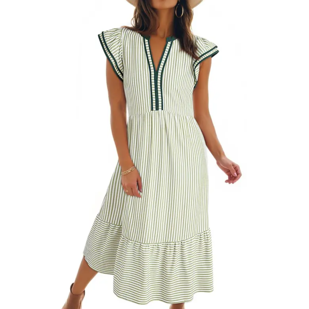 Céleste | Striped Ruffle Cap Sleeve Midi Dress