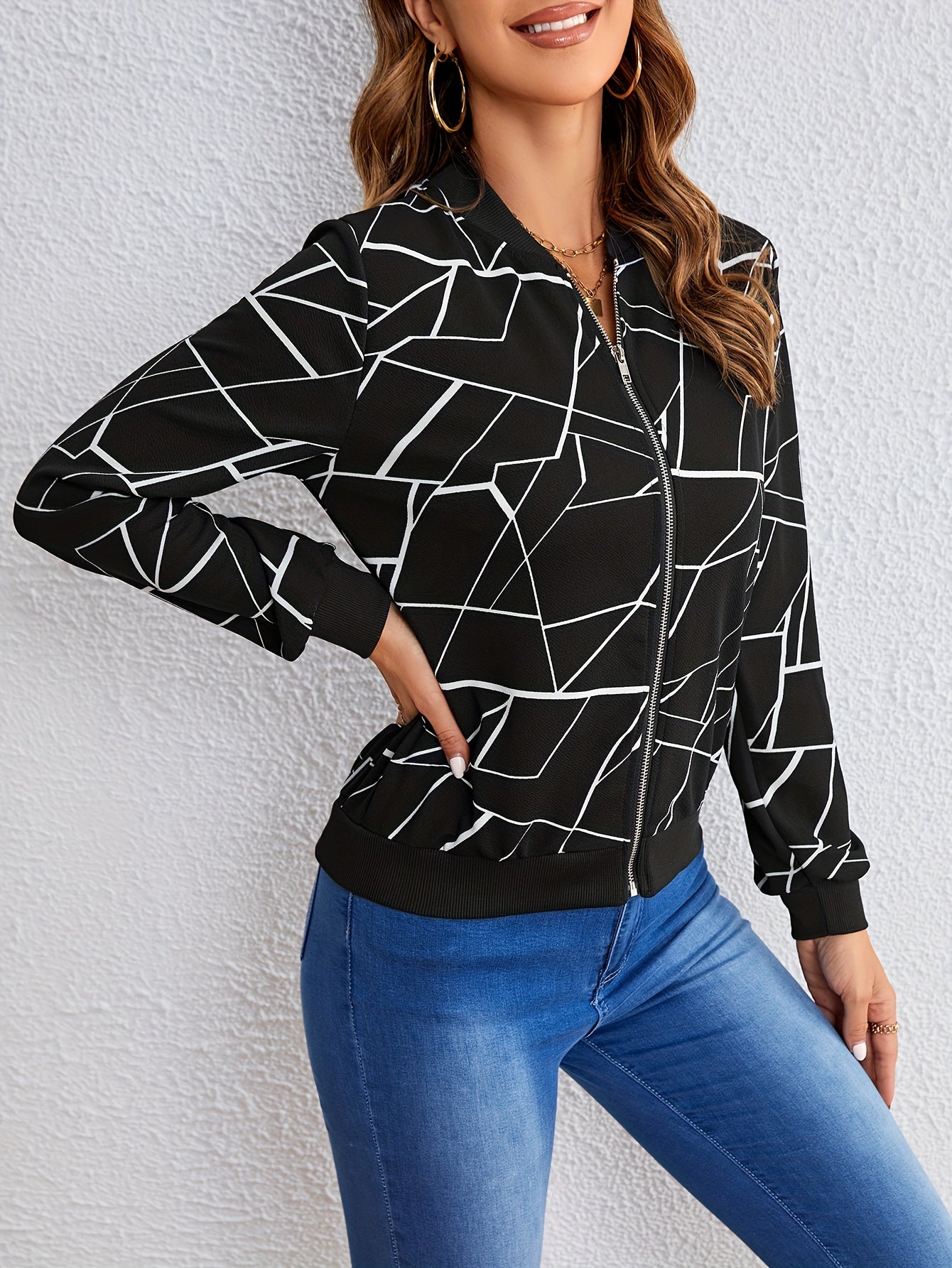 Camille | Geometric Print Zip-Up Jacket