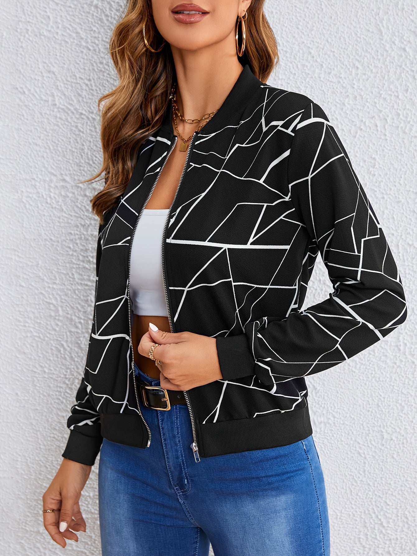 Camille | Geometric Print Zip-Up Jacket
