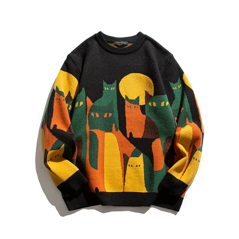 Luna | Artistic Cat Motif Crew Sweater
