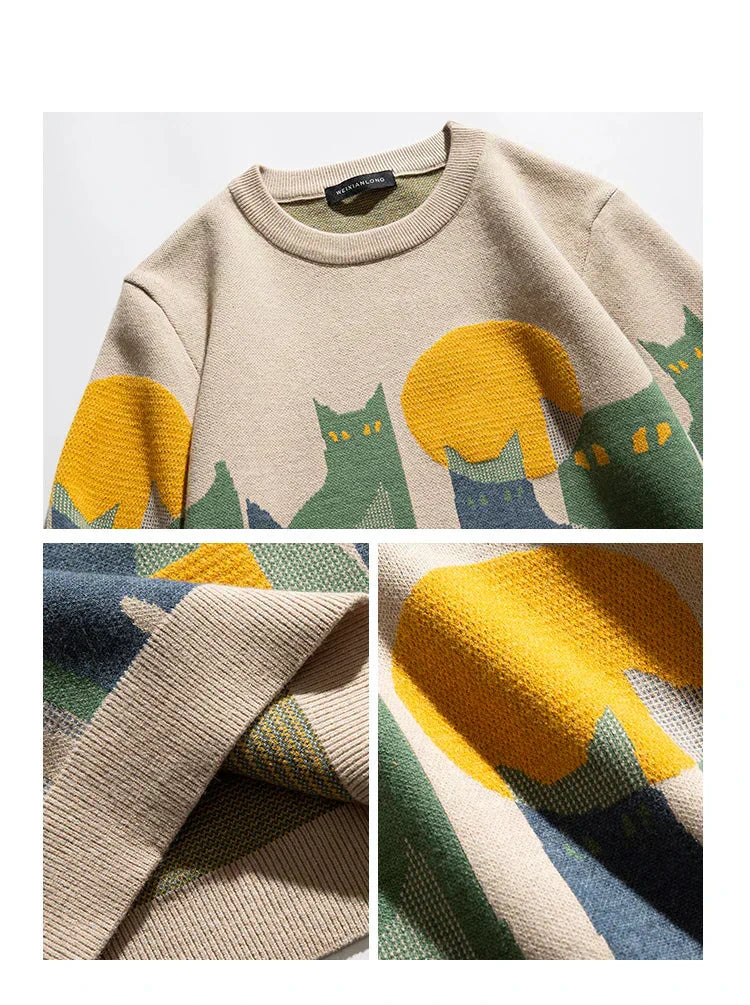Luna | Artistic Cat Motif Crew Sweater
