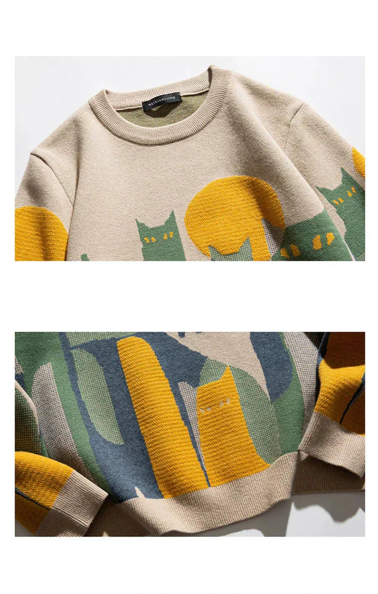 Luna | Artistic Cat Motif Crew Sweater