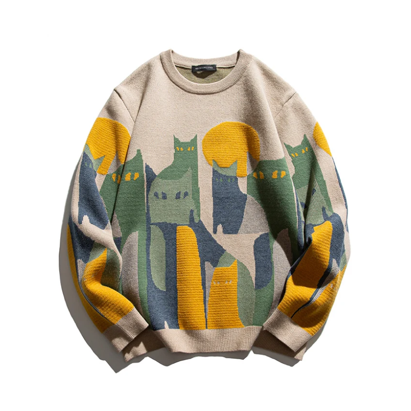 Luna | Artistic Cat Motif Crew Sweater