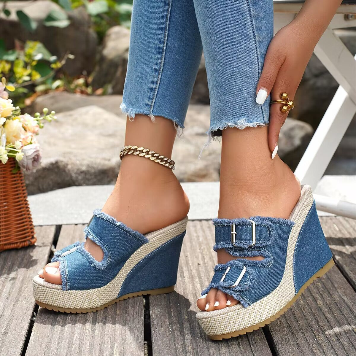 Florinda | Fray-Edge Wedge Sandals