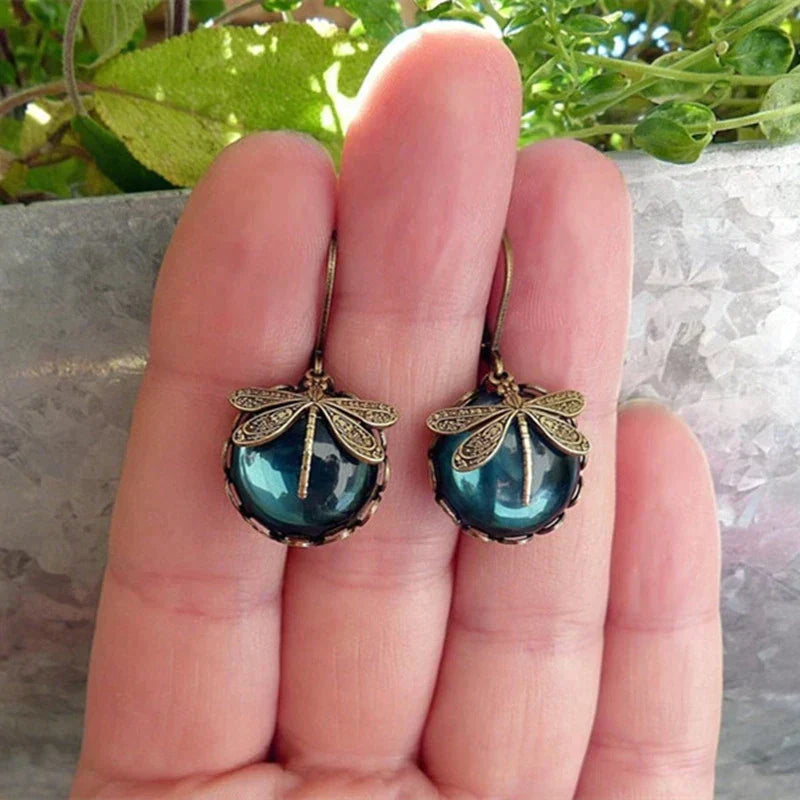 Sage | Spherical Dragonfly Antique Gold Earrings