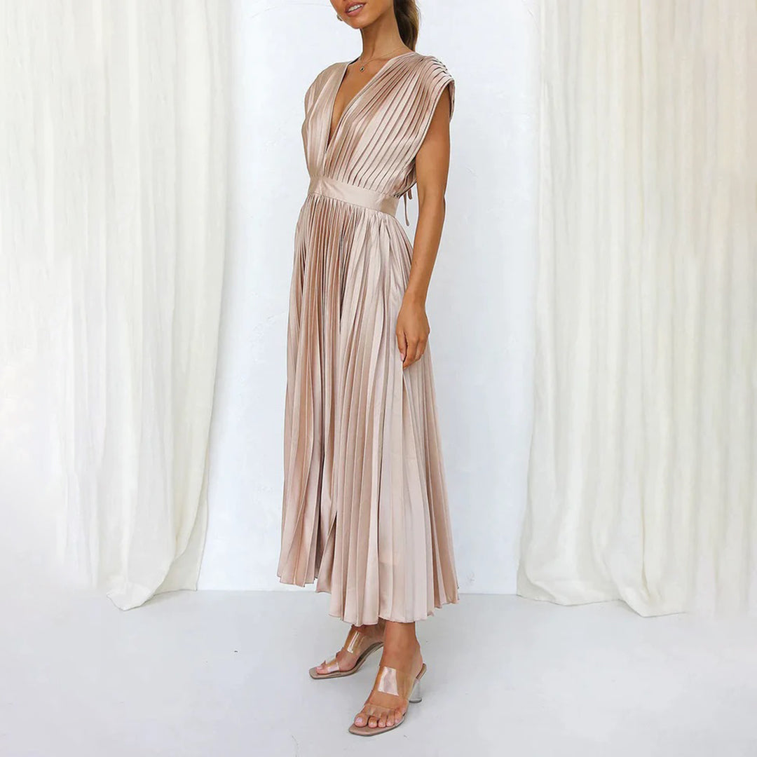 Céleste | Pleated V-Neck Elegant Dress