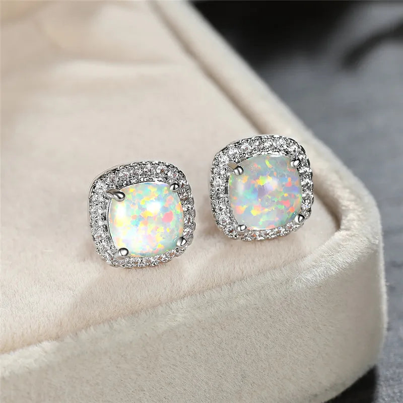 Lottie | Silver Opal Round Stud Earrings